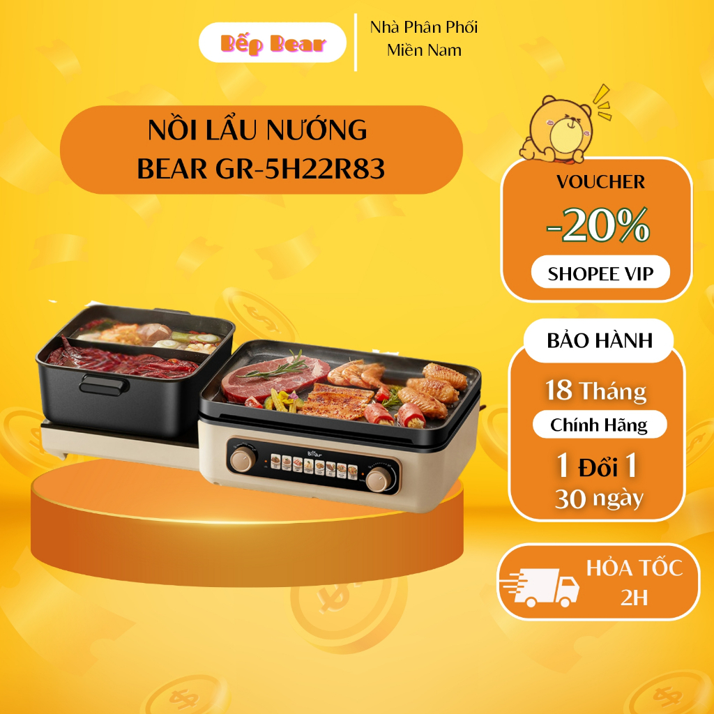 Nồi Lẩu Nướng Đa Năng BEAR Đa Chức Năng Nấu Lẩu Chiên Nướng Hầm Ninh Xào, Lòng Nồi Chống Dính Cao Cấ