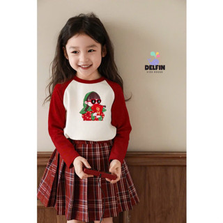   HỎA TỐC TPHCM  Sét bé gái dài tay PHỐI Đỏ mặc đi chơi tết Delfinkid sét chân váy kẻ caro xếp li áo thun đỏ in hình 
