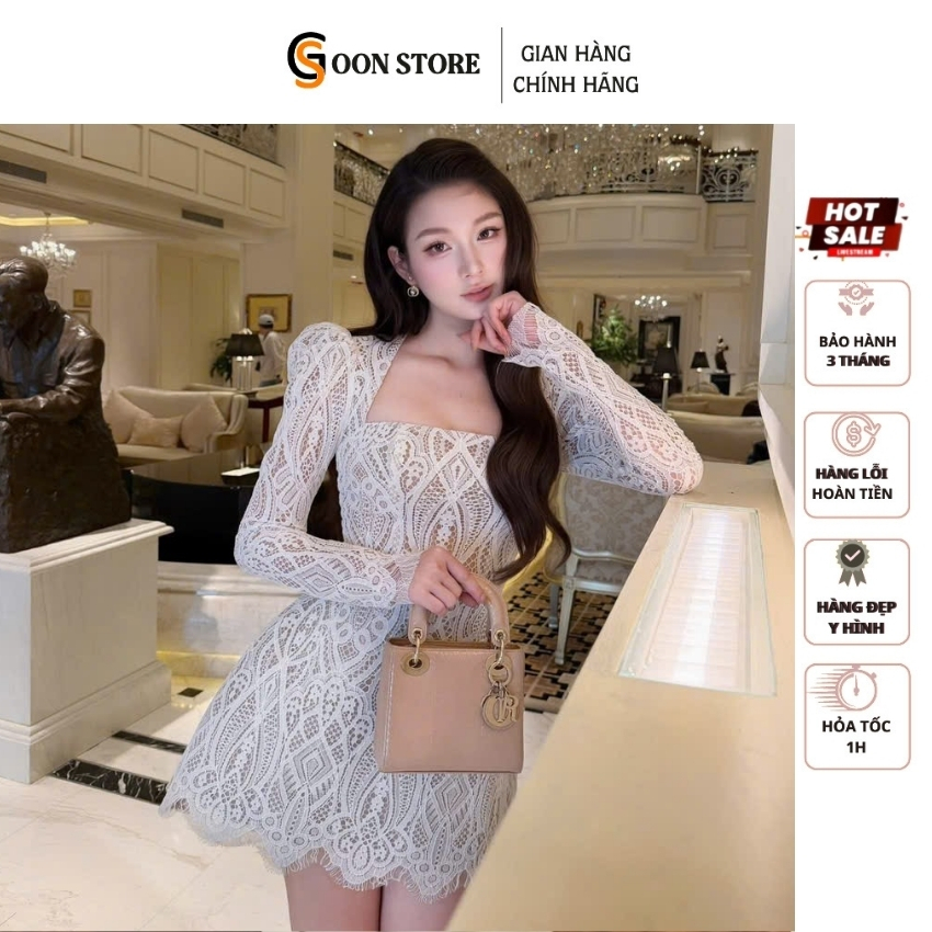 Váy ren cổ vuông dài tay tôn dáng sang chảnh thiết kế đi tiệc tôn dáng Goon Store
