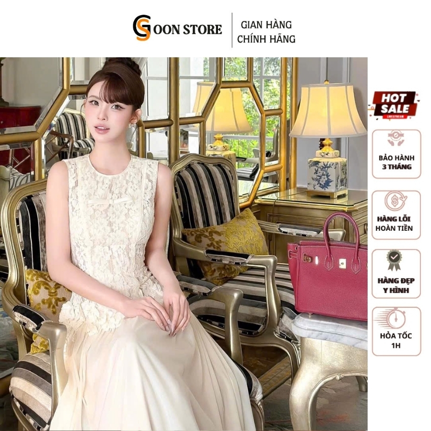 Đầm ren sát nách chạy li ngực dáng dài khoét eo lưng sang chảnh thanh lịch Goon Store