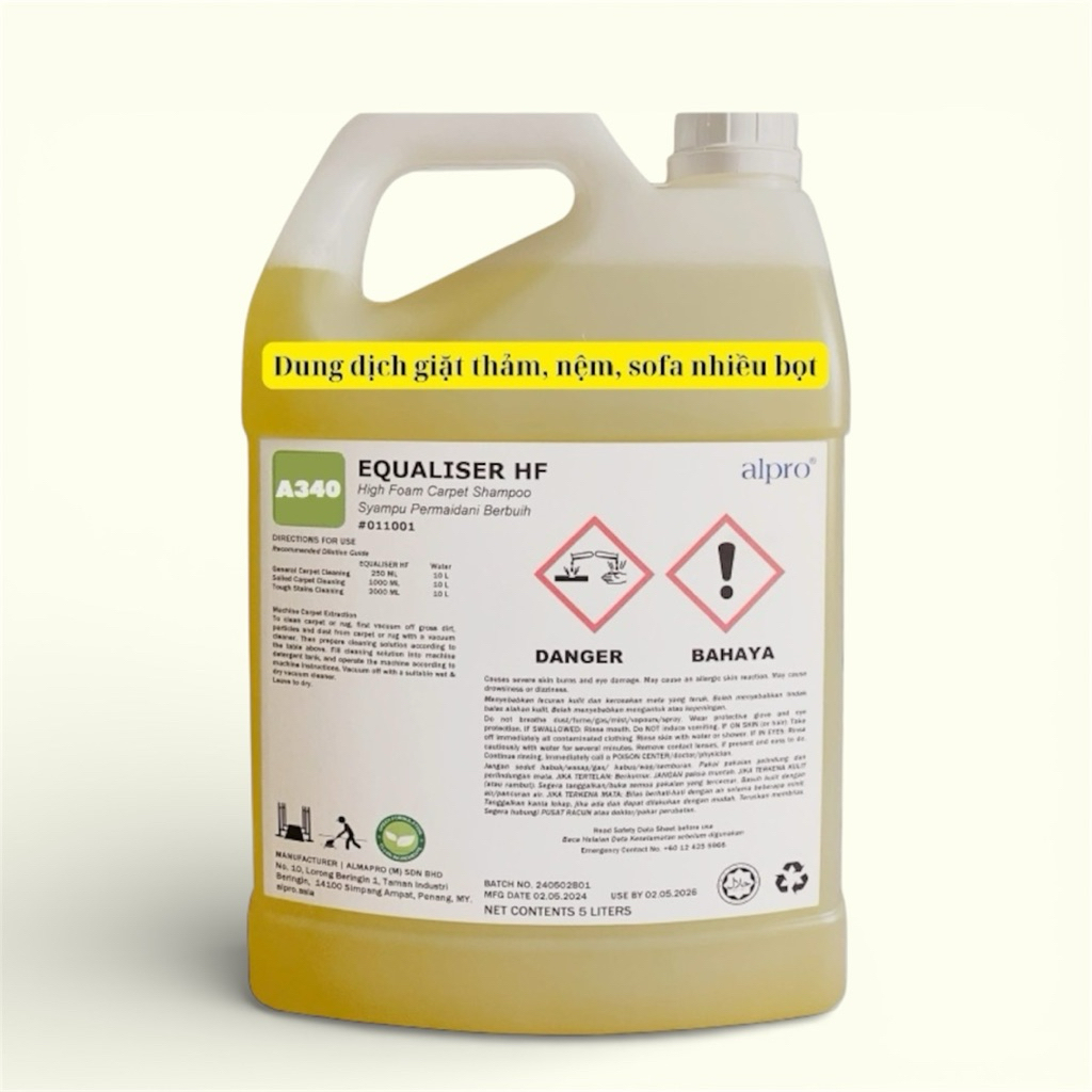 Nước giặt thảm, nệm, sofa nhiều bọt Alpro A340 Can 5 lít ( Nk Malaysia )