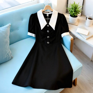 Đầm đen cổ trắng form ngắn, váy midi công sở (kèm hình thật)