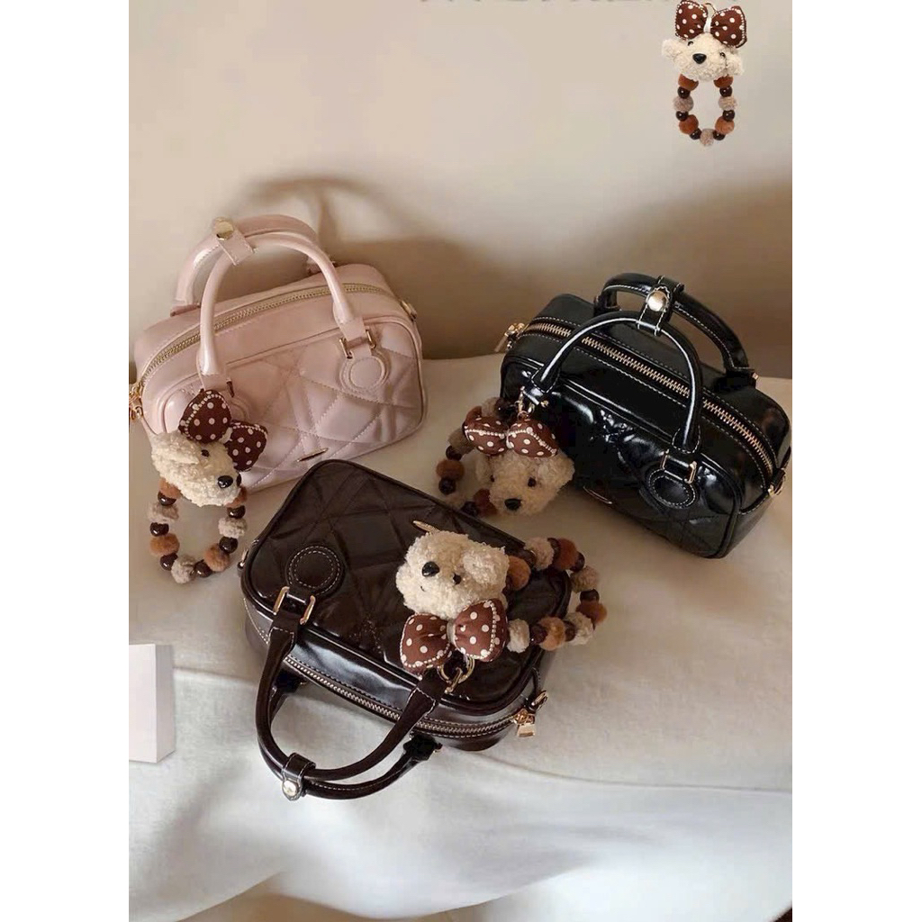 Túi Dáng Vuông Trần ô size mini 18cm Charm Cún nơ cực xinh HS339