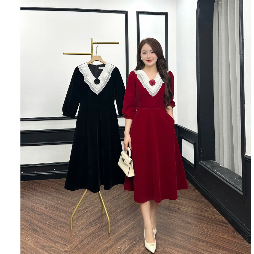 Váy nhung dự tiêc cổ V thanh lịch, sang trọng kín đáo, váy nhung dự tiệc Emvy Fashion K71