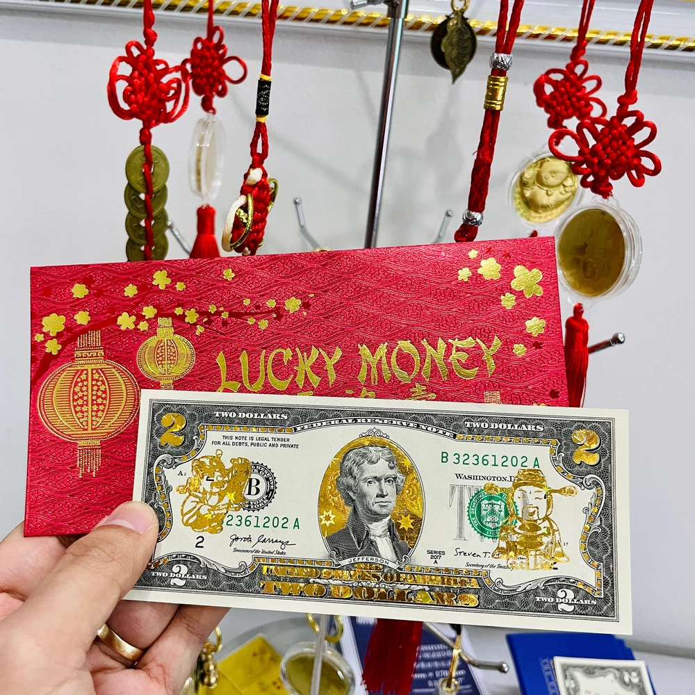 Tiền 2 Đô USD Thần Tài May Mắn Tài Lộc, Ngày Vía Thần Tài Mùng 10, Bộ Full Bao Da Đỏ
