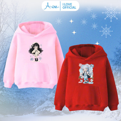 [MỚI] Áo HOODIE Phối Túi Bé Gái AORE, Áo nỉ da cá có mũ in hình Em bé gái dễ thương, chất mềm mịn, hàng Thu Đông 10-35kg
