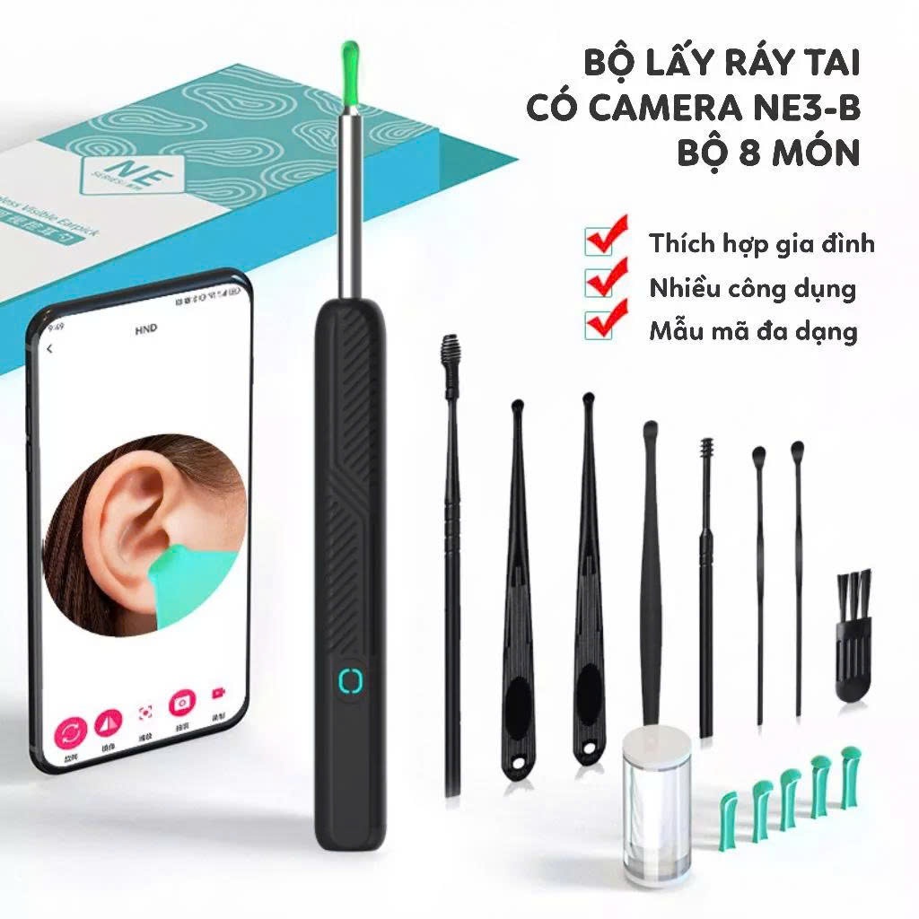 Dụng cụ lấy ráy tai NE3 có camera nội soi Full HD 3MP, đi kèm 8 phụ kiện, kết nối app HND