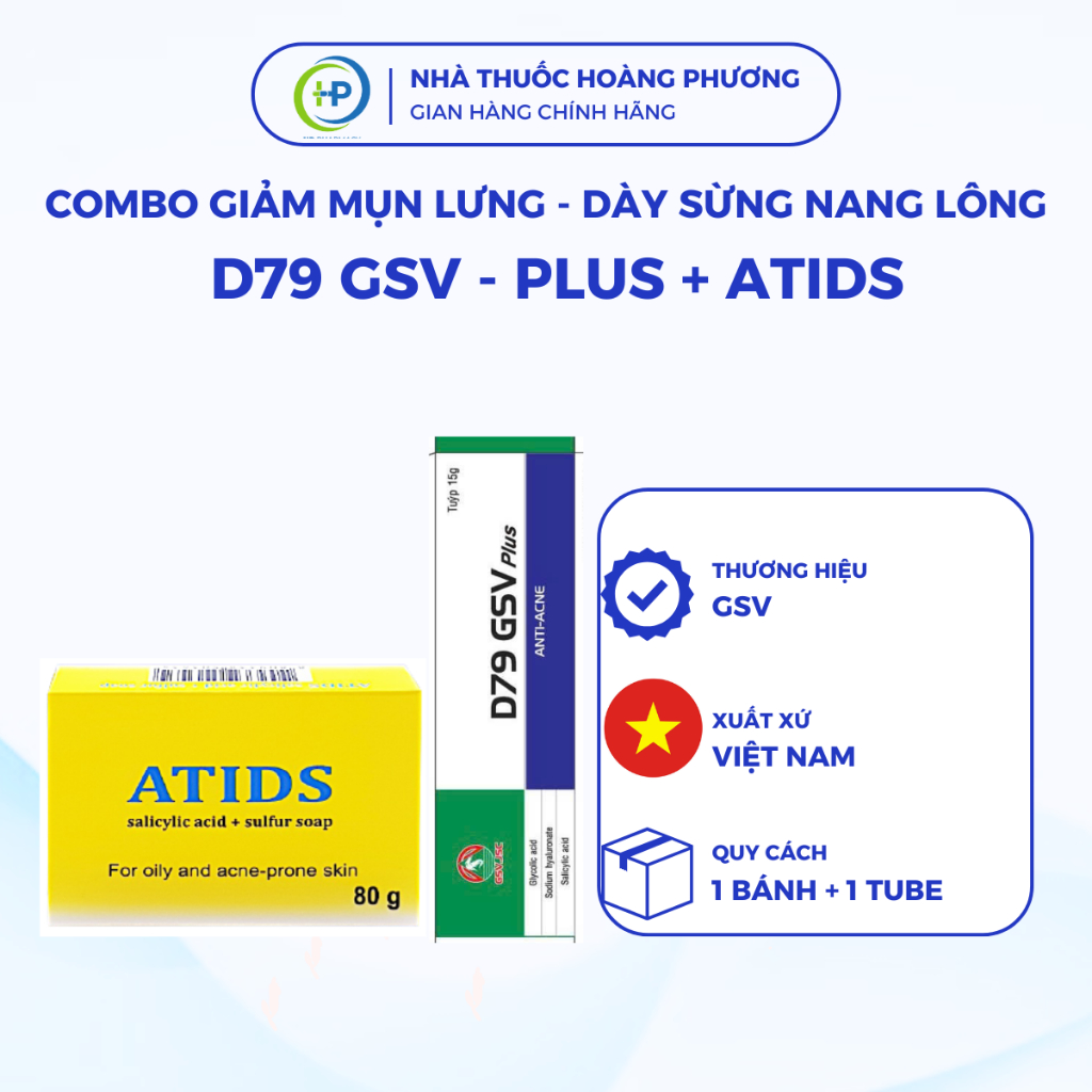 [COMBO GIẢM MỤN LƯNG] D79 Cream GSV 15g & Xà phòng ATIDS hỗ trợ giảm mụn lưng dày sừng hiệu quả