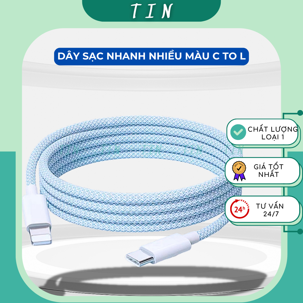 Cáp Sạc Type C To Lightning, Dây Sạc Nhanh PD20W Bọc Dù Nhiều Màu Tương Thích Thiết Bị Sử Dụng Cổng 