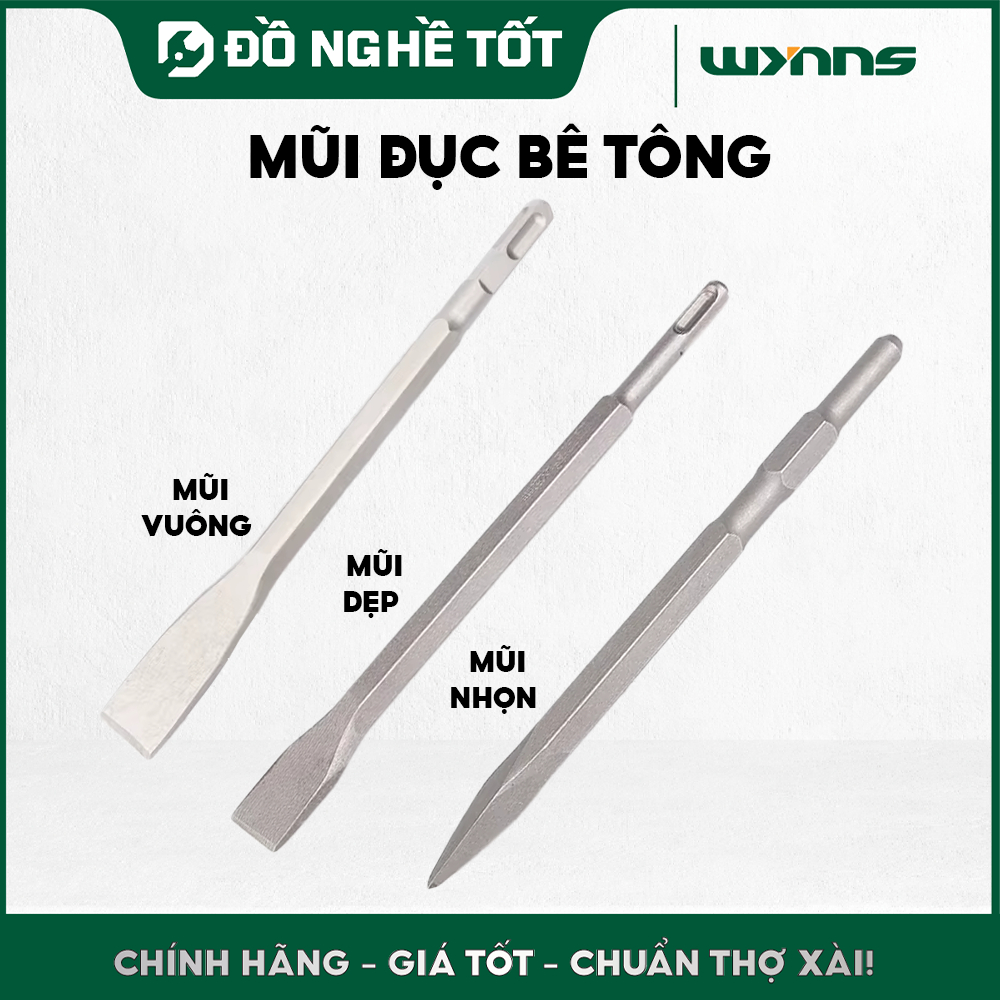 Mũi đục bê tông WYNN'S, đầu gài Mũi vuông W4359B – Mũi dẹp W4359A 14×250mm | Mũi nhọn W4360 17*260mm