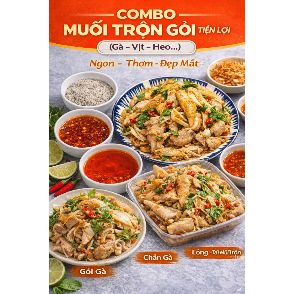 Combo Muối Trộn Gỏi Gà Vịt Lòng Heo Bò - Combo gồm Sa Tế, Muối Tiêu, Dầu Điều - Trộn được 5kg nguyên