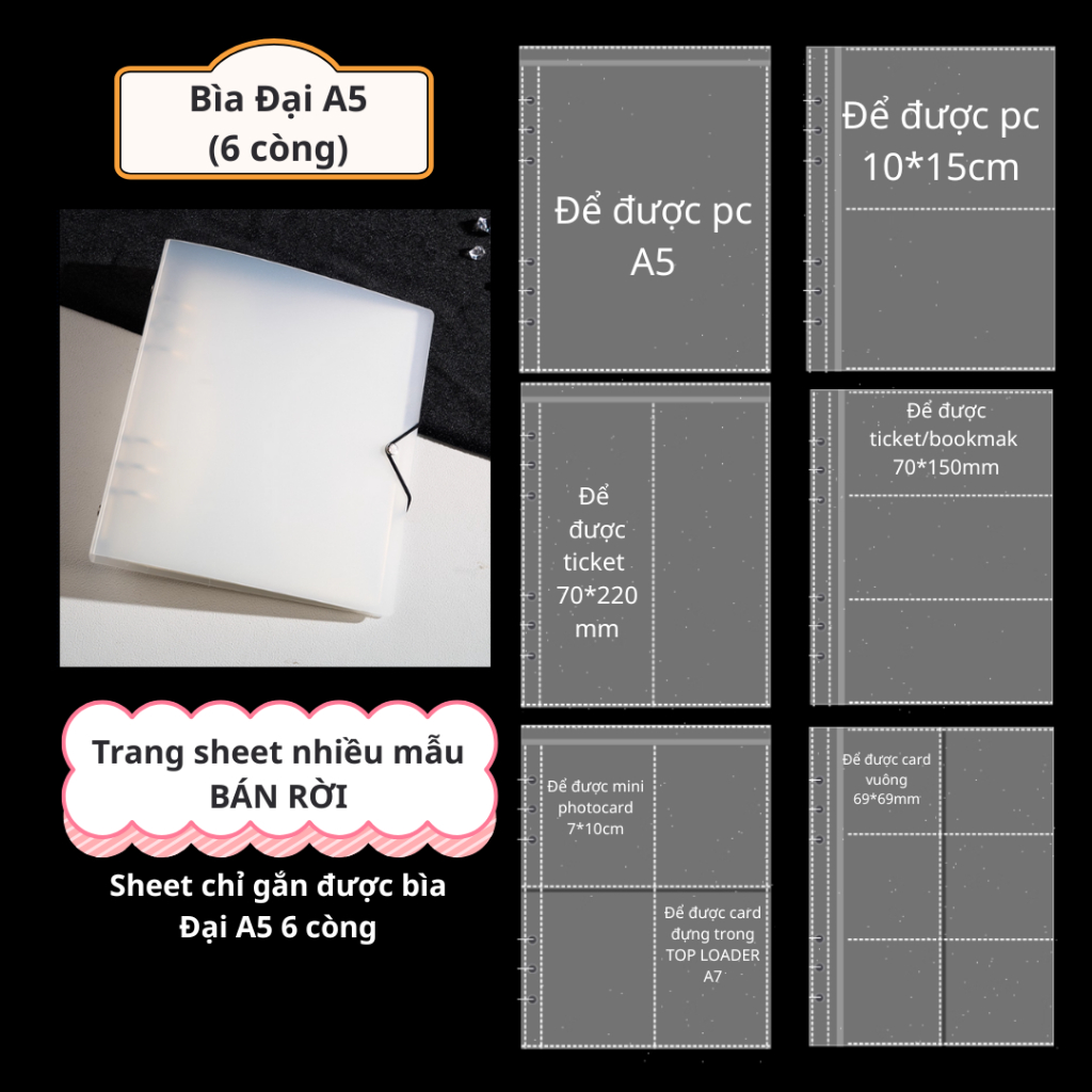 Bìa 6 còng Đại A5/ A5 Wide/ A5 Plus, trang sheet bán rời [BD40]