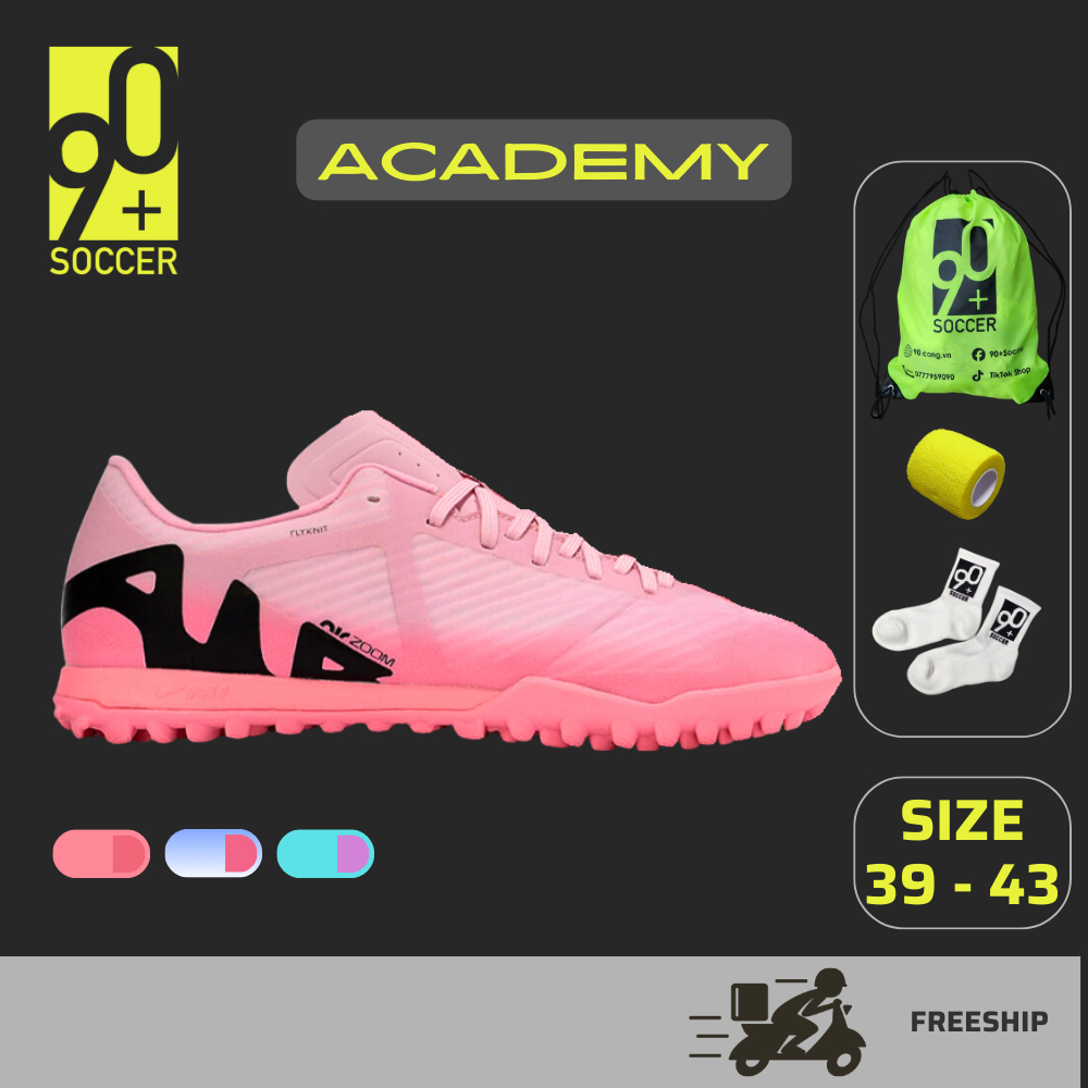 Giày đá bóng Vapor 15 Aca, lưỡi gà rời,  90+ SOCCER, upper mềm, đế đệm TF, sân cỏ nhân tạo, nhiều mà