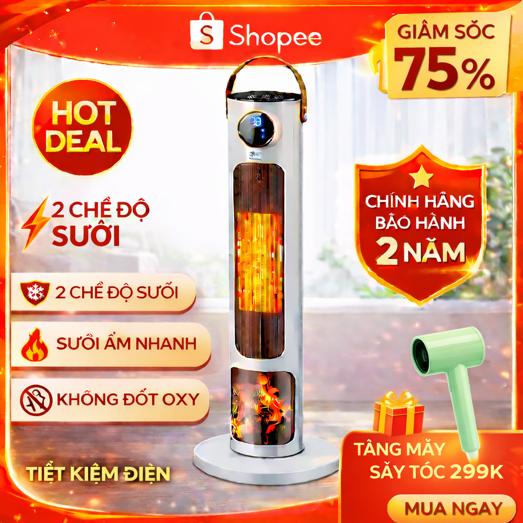 Máy sưởi làm ấm không khí công suất cao, Quạt sưởi đa năng có điều khiển, an toàn, diện tích sử dụng lớn, BH 24T