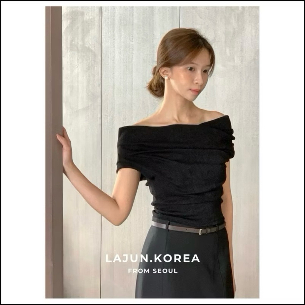 [LAJUN KOREA] Áo Trễ Vai Len Tay Ngắn Easy Tôn Dáng Hàn Quốc