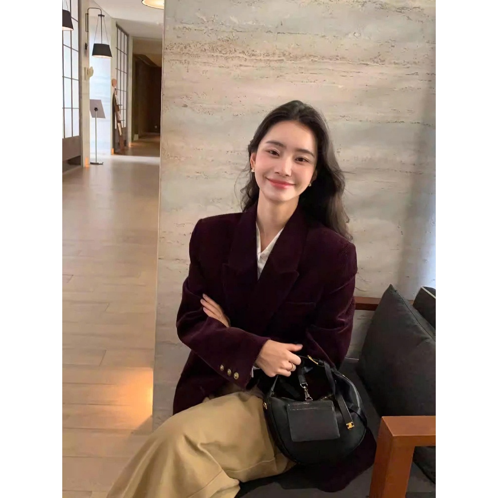 (Pusumede) Áo blazer nhung kẻ kiểu retro- ảnh thật cuối