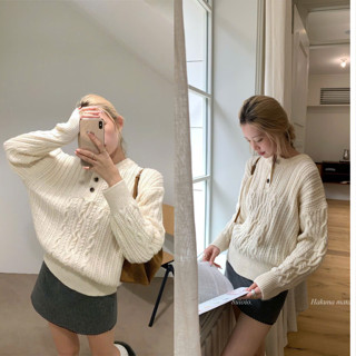   MỞ BÁN  Áo len cổ bẻ 3 nút dệt dây thừng dáng rộng phong cách Hàn Quốc 