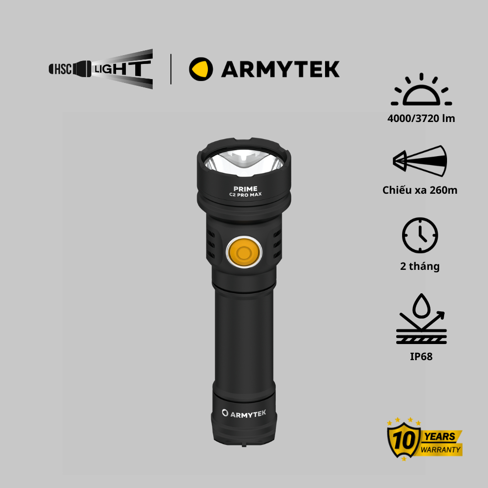 Đèn Pin EDC Armytek Prime C2 Pro MAX | 4000 Lumens | Pin 21700 (5000mAh), USB Magnet | TRẮNG/VÀNG