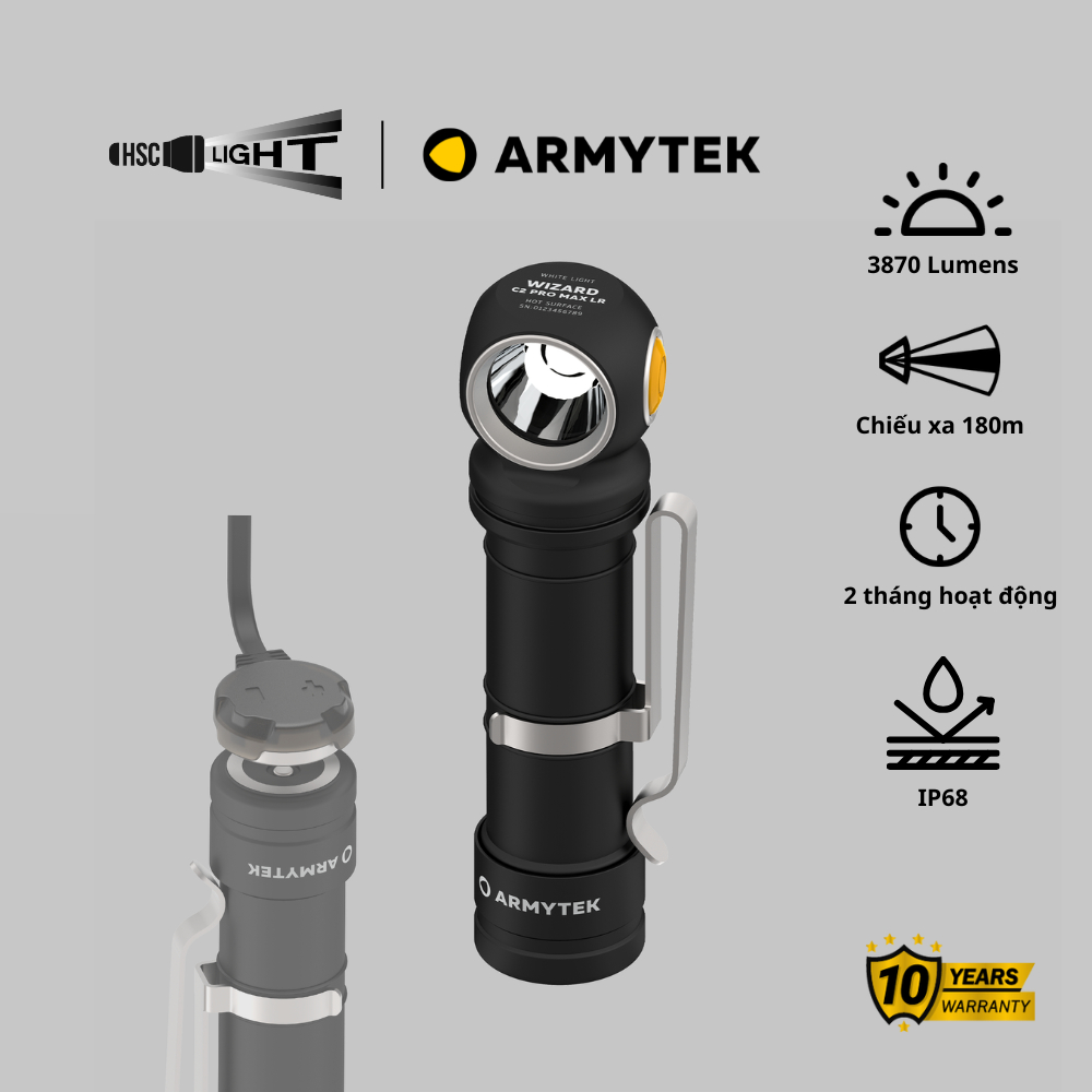 Đèn Đội Đầu Armytek Wizard C2 Pro MAX LR | Chiếu Xa 180m, 3870 Lumens | Warm Light | Pin 21700, USB 