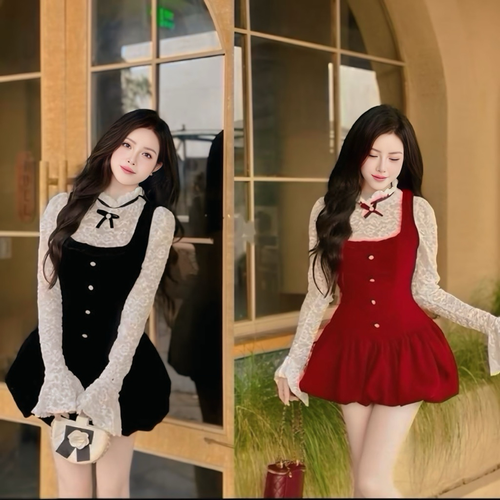 Set Áo Ren Tay Ống Loe Phối Yếm Nhung Dáng Bí Phồng Nữ - alimecloset - D69