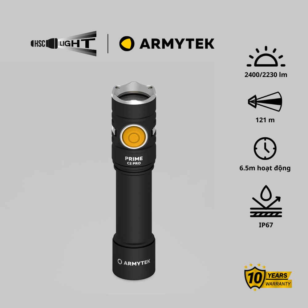 Đèn Pin EDC Armytek Prime C2 Pro | Turbo 2400 Lumens | Pin 18650 (3500mAh),Sạc Nam Châm | TRẮNG/VÀNG