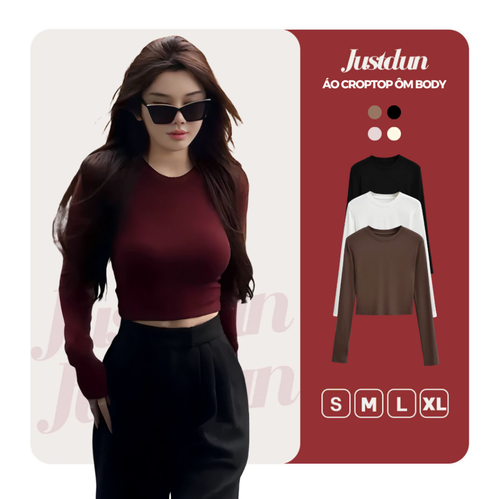 Áo Thun Nữ Dài Tay Croptop JUSTDUN CT25 – Dáng Ôm Body, Chất Liệu Cotton Mịn Mềm, Co Giãn Thoải Mái