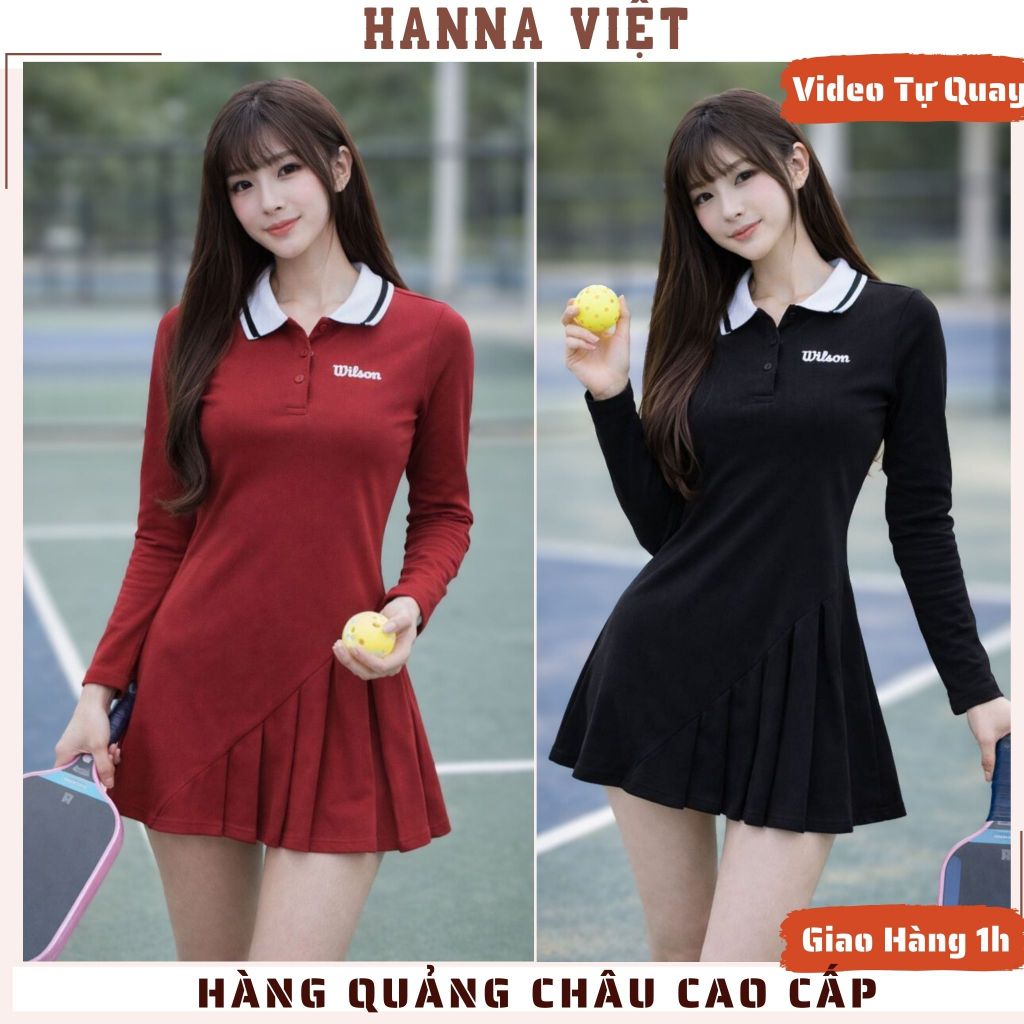 Váy Nữ, Đồ Thể Thao Nữ, Đồ Pickleball Nữ, Váy Thể Thao Dài Tay Cổ Bẻ Wilson Chân Xếp Ly H11 Ms620