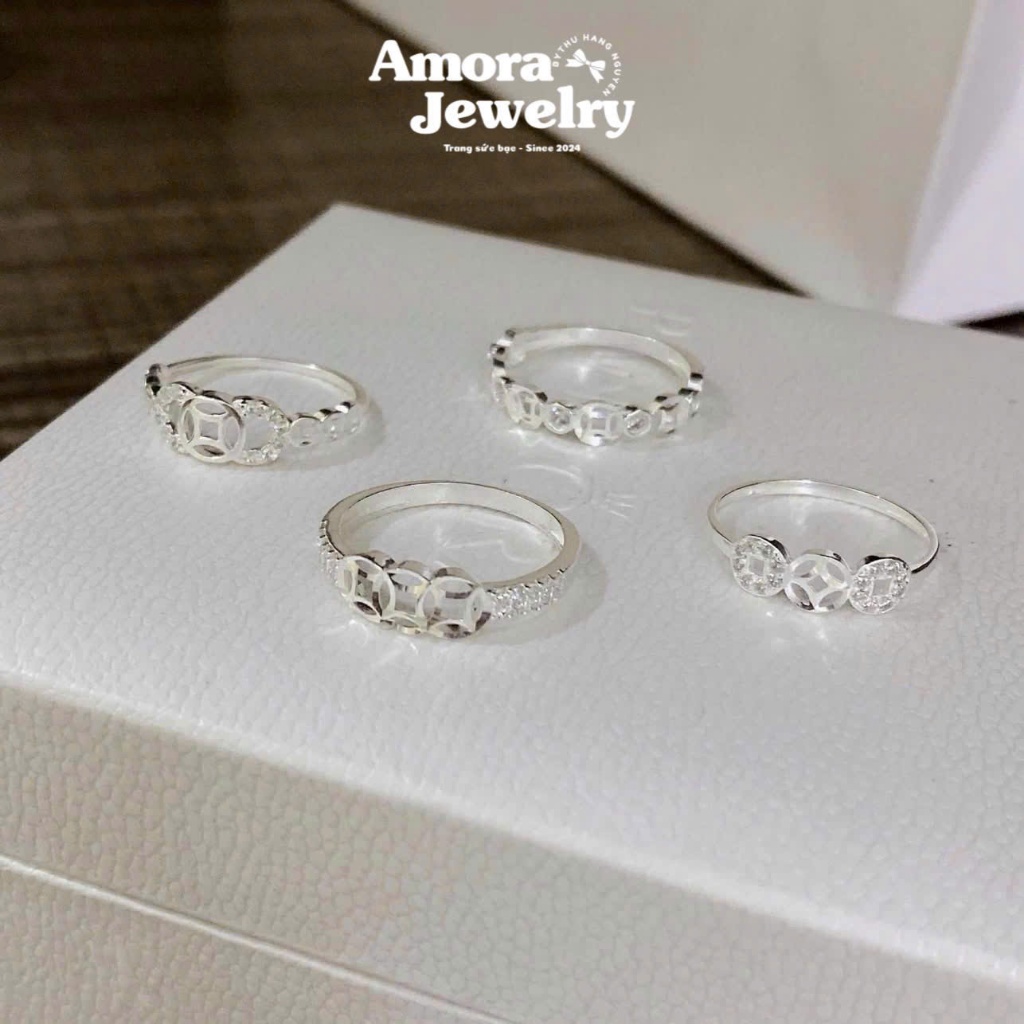 Nhẫn kim tiền phong thuỷ AMORA bạc ta mặt nhẫn tròn AMORA JEWELRY NKT002