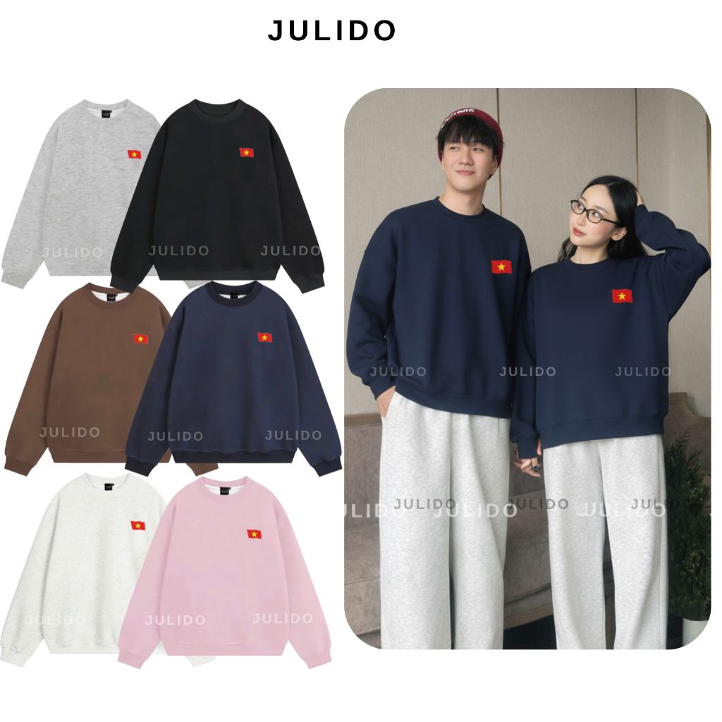 Áo Sweater cổ tròn logo thêu sắc CỜ JULIDO vải nỉ 2 da form rộng unisex