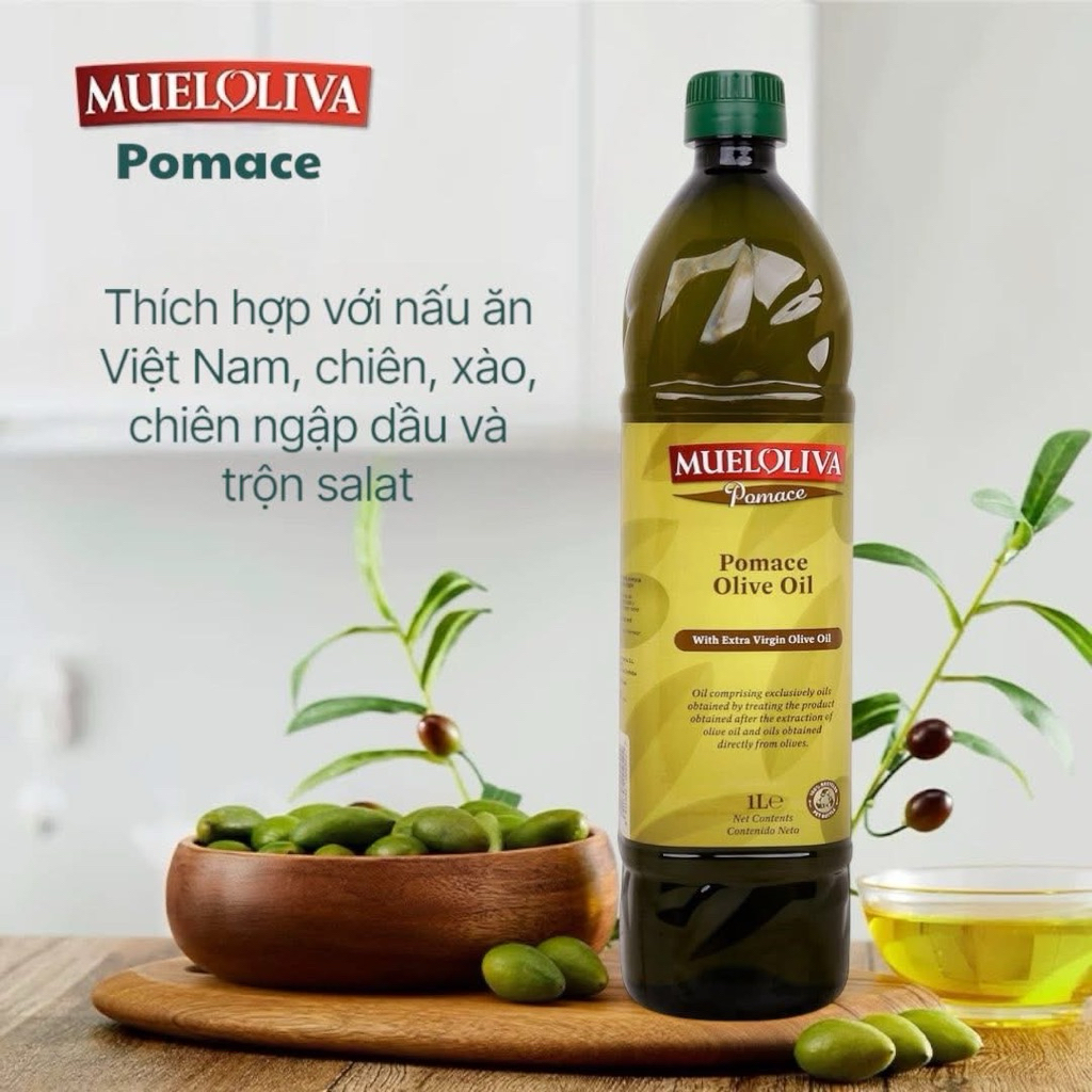 Dầu oliu để nấu ăn chiên xào, nguyên chất 100% từ quả oliu - Dầu oliu pomace 1 lít nhập khẩu châu Âu