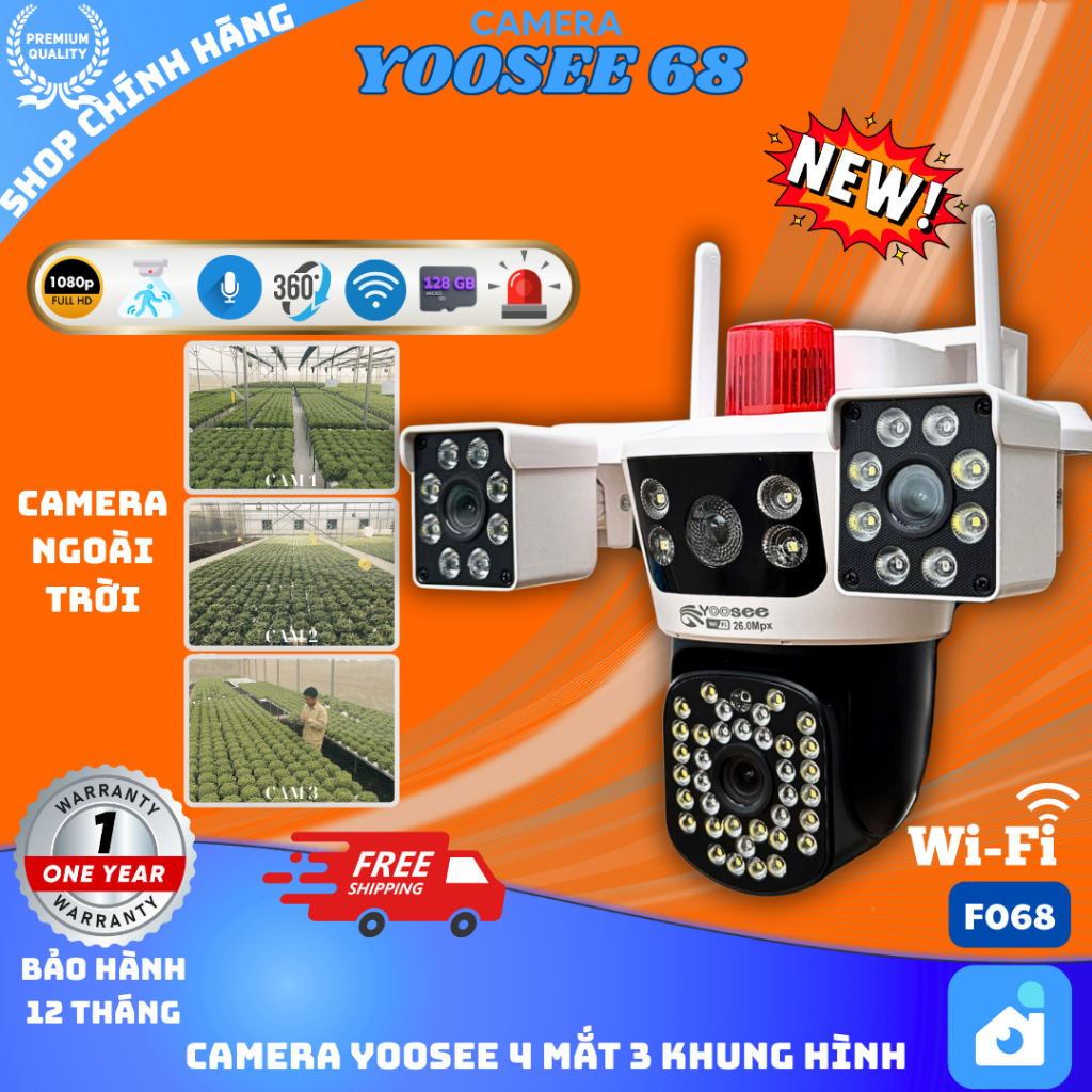 Camera 4 Mắt 3 Khung Hình Yoosee F068 FullHD, Xoay 360 Độ, Đàm Thoại 2 Chiều, Cảnh Báo Chống Trộm