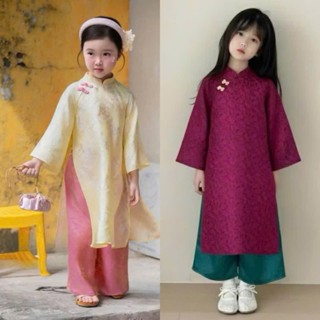  Áo dài cách tân cổ tàu chất vải gấm nổi đính nơ cho bé từ 1 tuổi đến 7 tuổi 