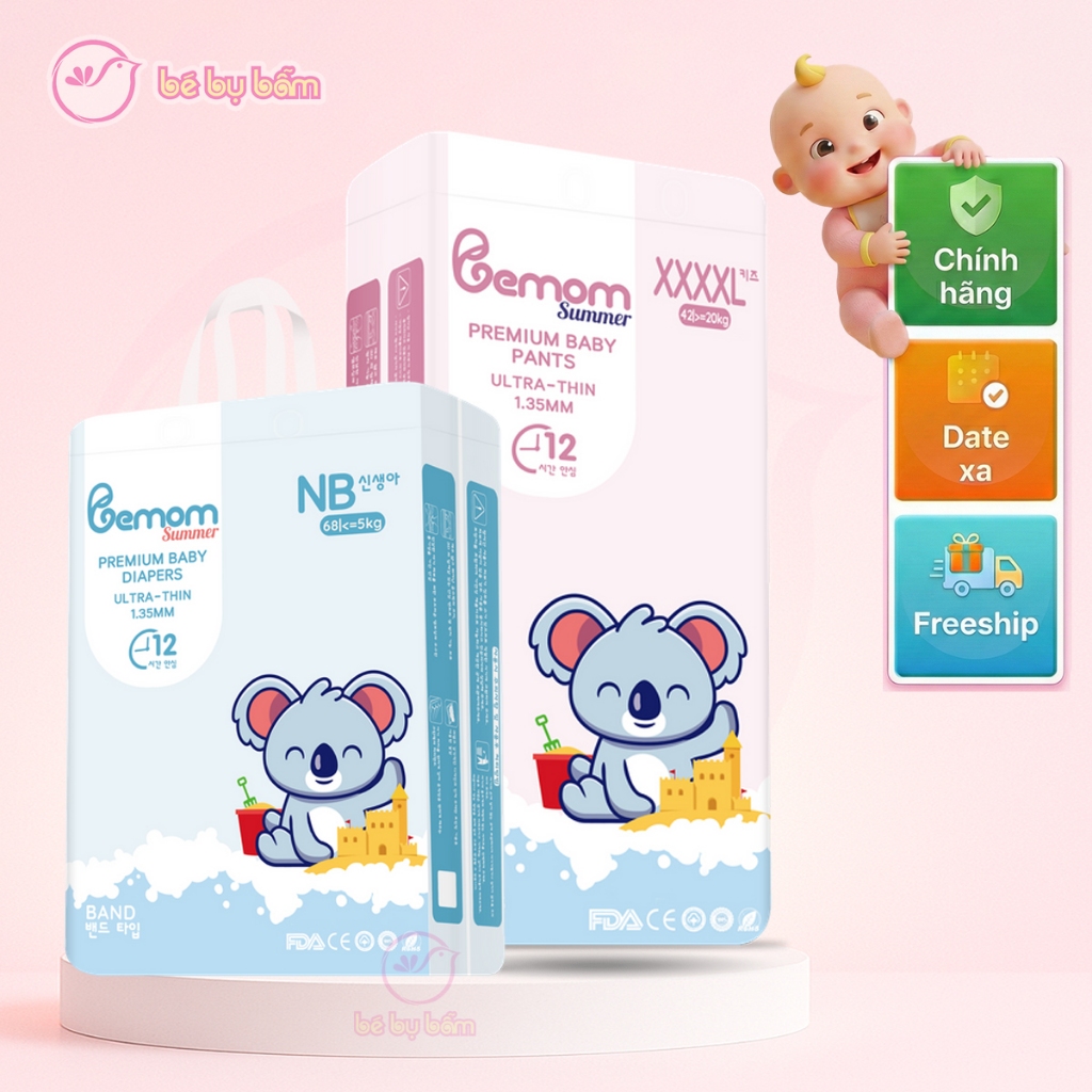 👶 Tã Bỉm Bemom Plus Hàn Quốc Siêu Mỏng 1.35mm, Thoáng Mát, Chân Ái Ngày Hè Cho Bé Yêu, Bemom Summer