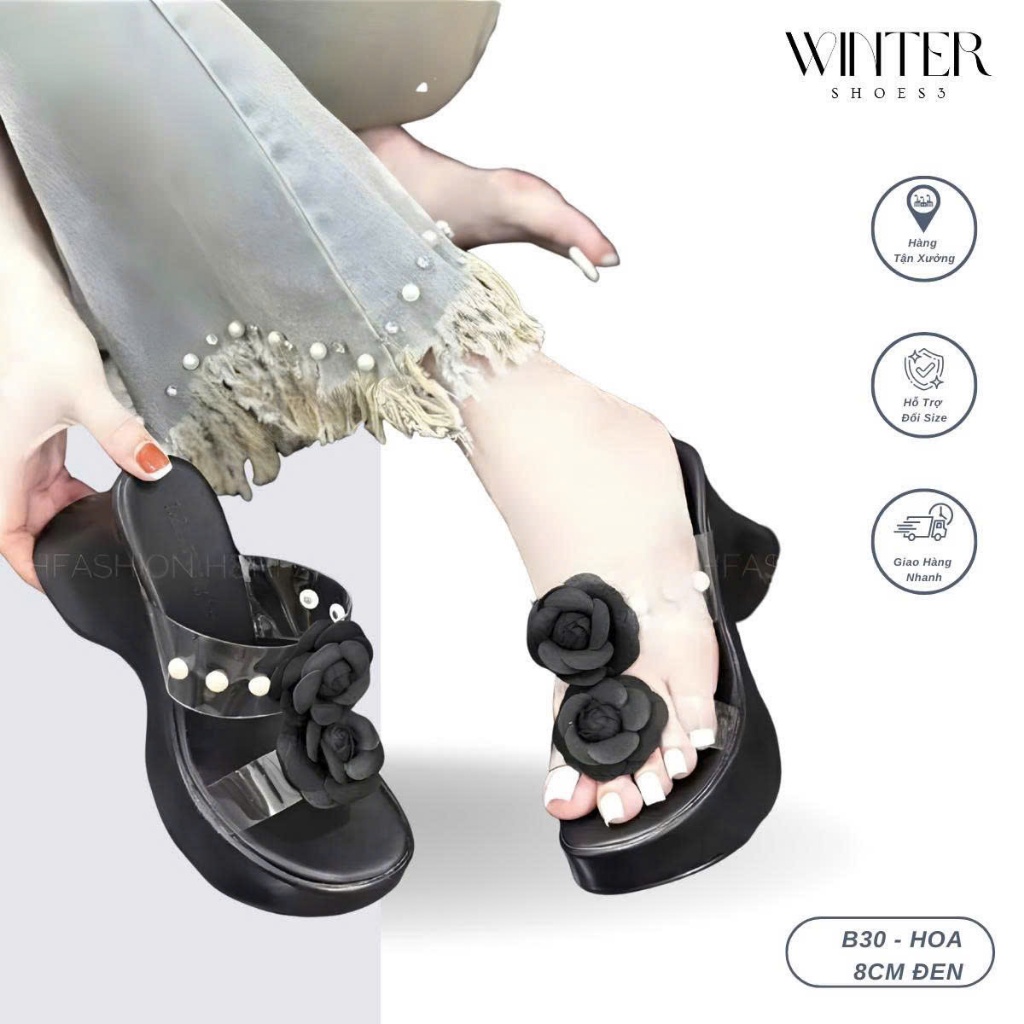 Dép Xuồng Nữ Cao 8CM(B30 ) Quai Mika Mềm Đính 2 Hoa Hồng – Dép Đế Xuồng Nữ Sang Trọng, Đi Êm Chân