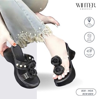 Dép Xuồng Nữ Cao 8CM(B30 ) Quai Mika Mềm Đính 2 Hoa Hồng – Dép Đế Xuồng Nữ Sang Trọng, Đi Êm Chân