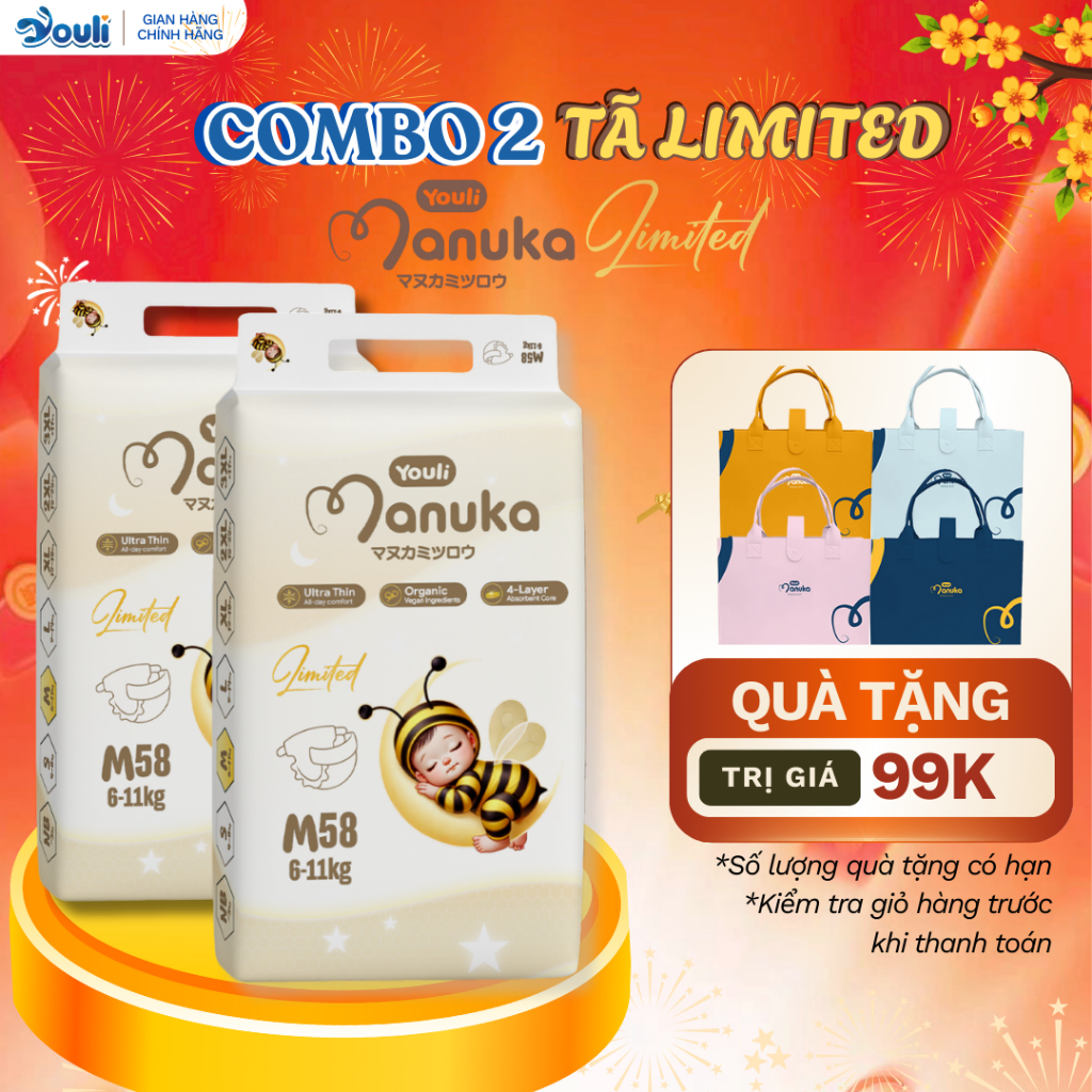 Combo 2 Tã/Bỉm YOULI Manuka Limited Siêu Mềm Mỏng Thoáng Khí, Thấm Hút Nhanh – Chống Tràn, Full Size