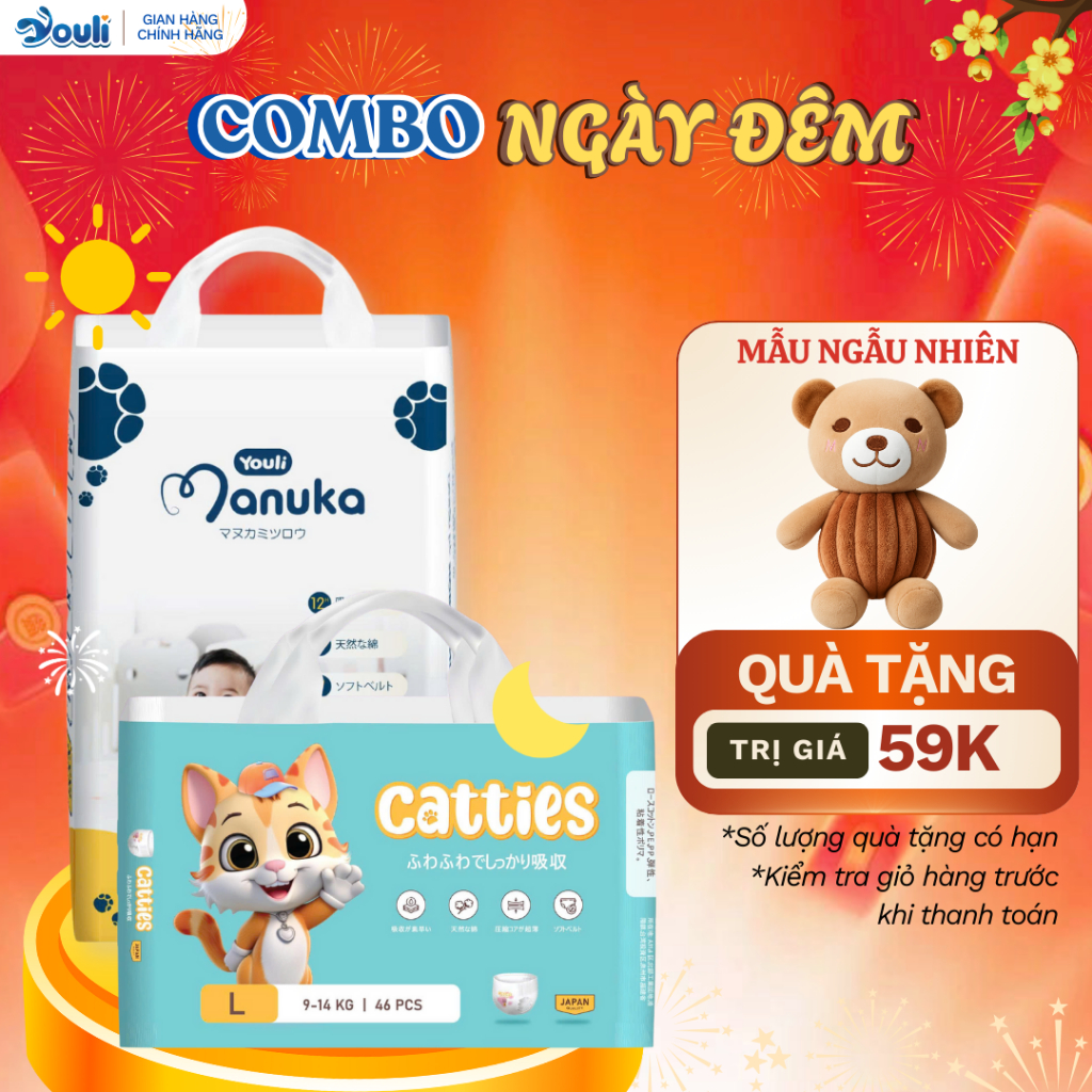 Combo Tiết Kiệm Tã/ Bỉm YOULI Ngày MANUKA và Đêm CATTIES Thoáng Ban Ngày – Khô Lâu Ban Đêm