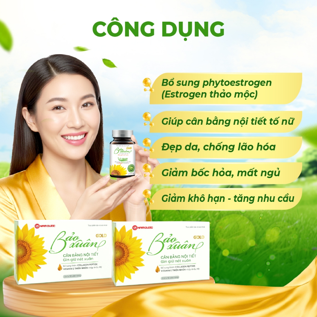 Viên uống Bảo Xuân Gold hỗ trợ cân bằng nội tiết tố nữ, giảm khô hạn, làm đẹp da - Lọ 120 viên