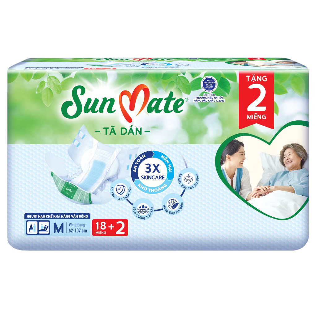 Tã dán người lớn SunMate mới size M18/L18/XL18 + 2 miếng - Tấm lót