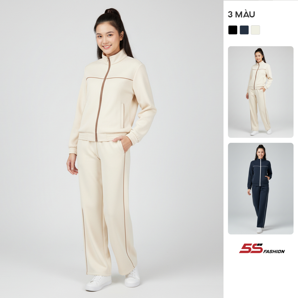 [SALE TẾT]Set Bộ Nỉ Khóa Nữ 5S FASHION Phối Line Phom Regular Ống Suông Năng Động WBNK25006