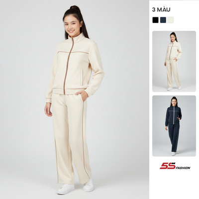 Set Bộ Nỉ Khóa Nữ 5S FASHION Phối Line Phom Regular Ống Suông Năng Động WBNK25006