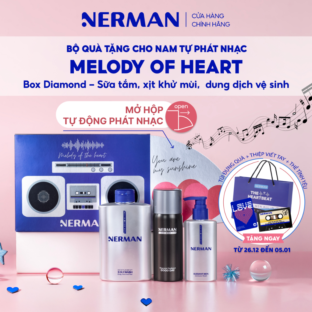  Bộ quà tặng cho nam tự phát nhạc Nerman Melody Of Heart - Sữa tắm 3 in 1 350g & DDVS 100ml & XKM 100ml 