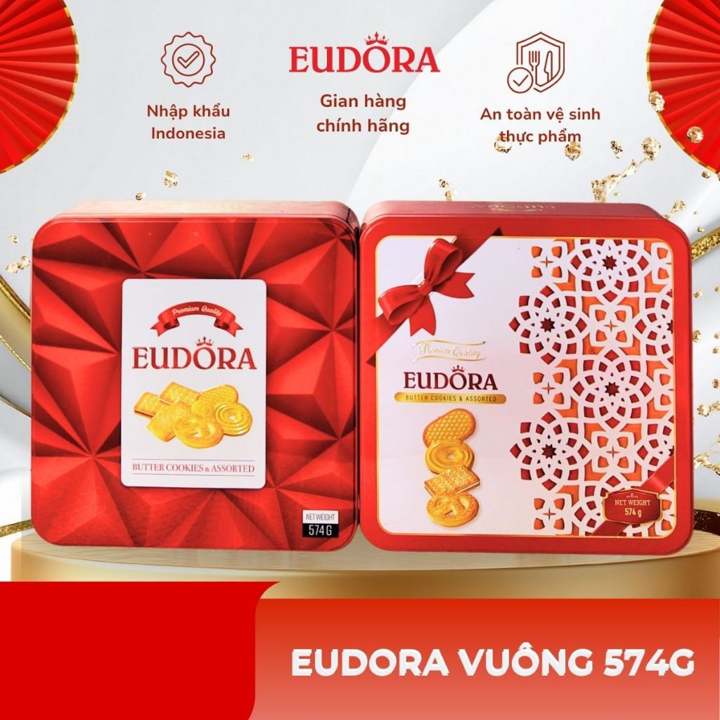 Bánh Quy Eudora Hộp Thiếc Hình Vuông 574g Nhập Khẩu Indonesia