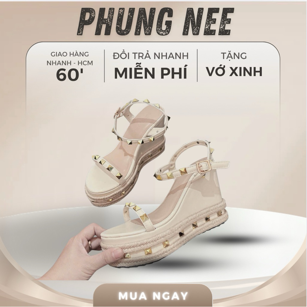 Sandal Nữ Đế Xuồng 12cm Quai Đinh Tán, Dép Nữ Đế Cao Phối Cói Sang Trọng