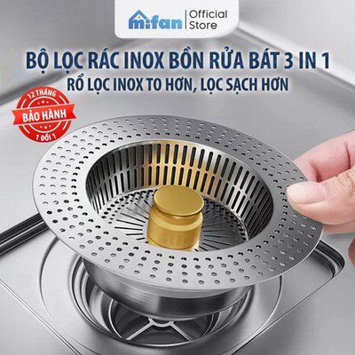 Bộ Lọc Rác Bồn Rửa Bát Inox 304 3 in 1 Mifan - Ngăn mùi hôi côn trùng, Nút chặn thoát nước, Khay giỏ lọc thức ăn thừa