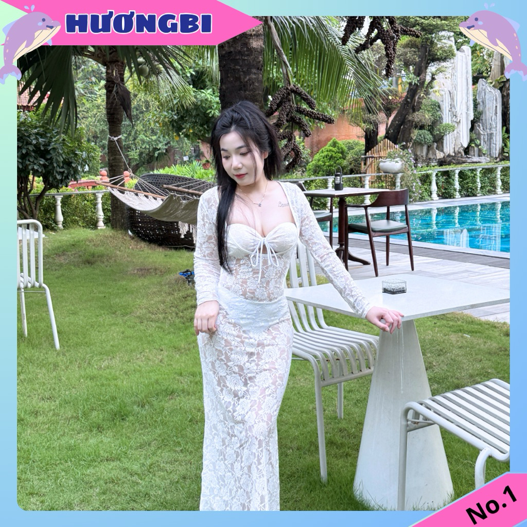 bikini 3món REN DÁNG DÀI áo ống phối ren sẵn mút + quần bikini