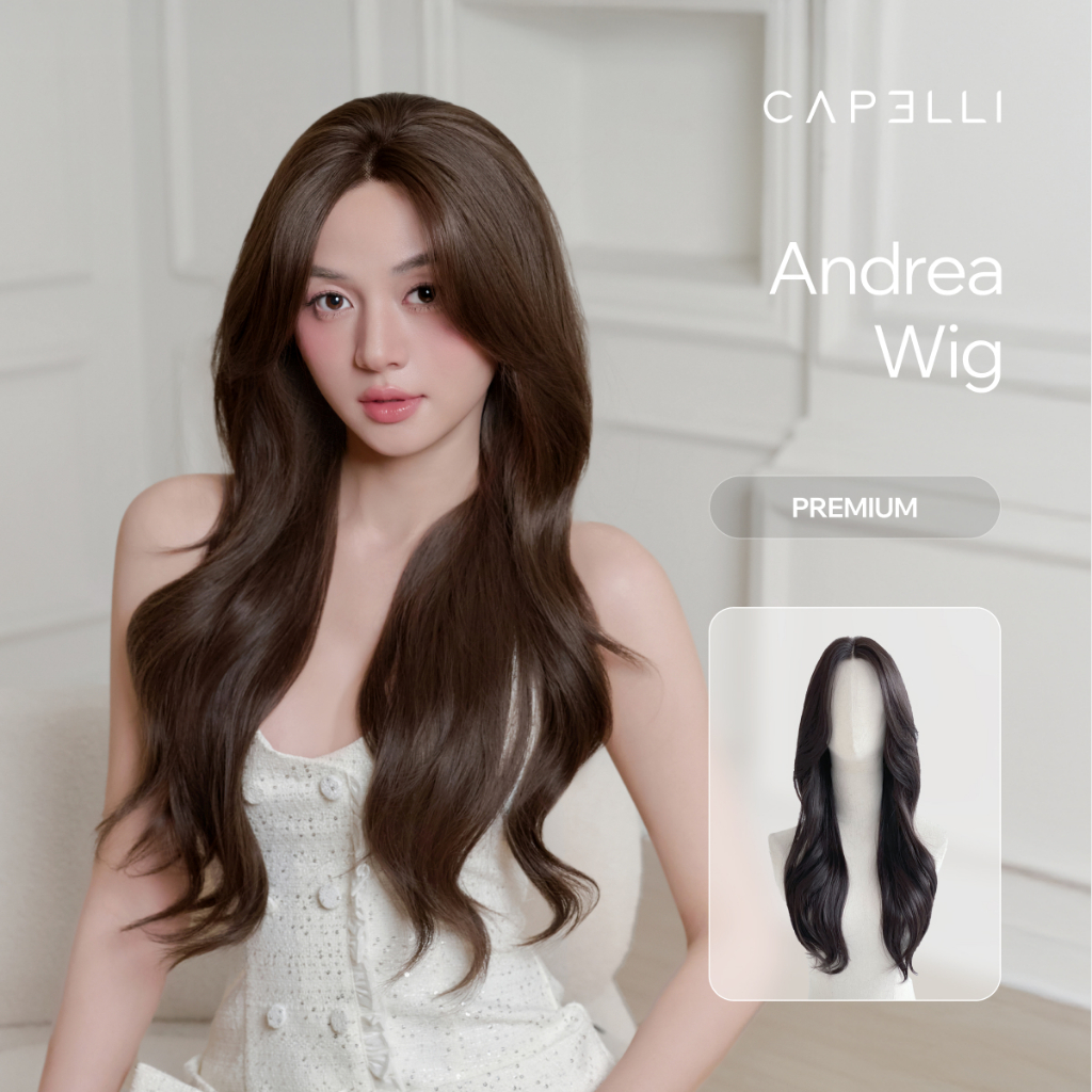 Tóc Giả Nguyên Đầu Siêu Da Lưới Lace CAPELLI Xoăn Lơi Mái Bay Màu Trầm 65cm Andrea Premium Wig