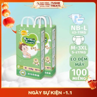  【100 miếng Tushie Treats Bỉm quần  dán trẻ em cao cấp công nghệ Nhật Bản bịch 50 miếng thấm hút 1000ml đủ size NB-3XL 