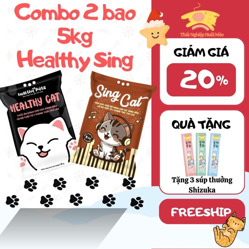 (Hỏa Tốc) [Combo Healthy Cat + Sing Cat] (10kg-Combo 2 túi 5kg) Hạt thức ăn cho mèo trên 1 tháng tuổ