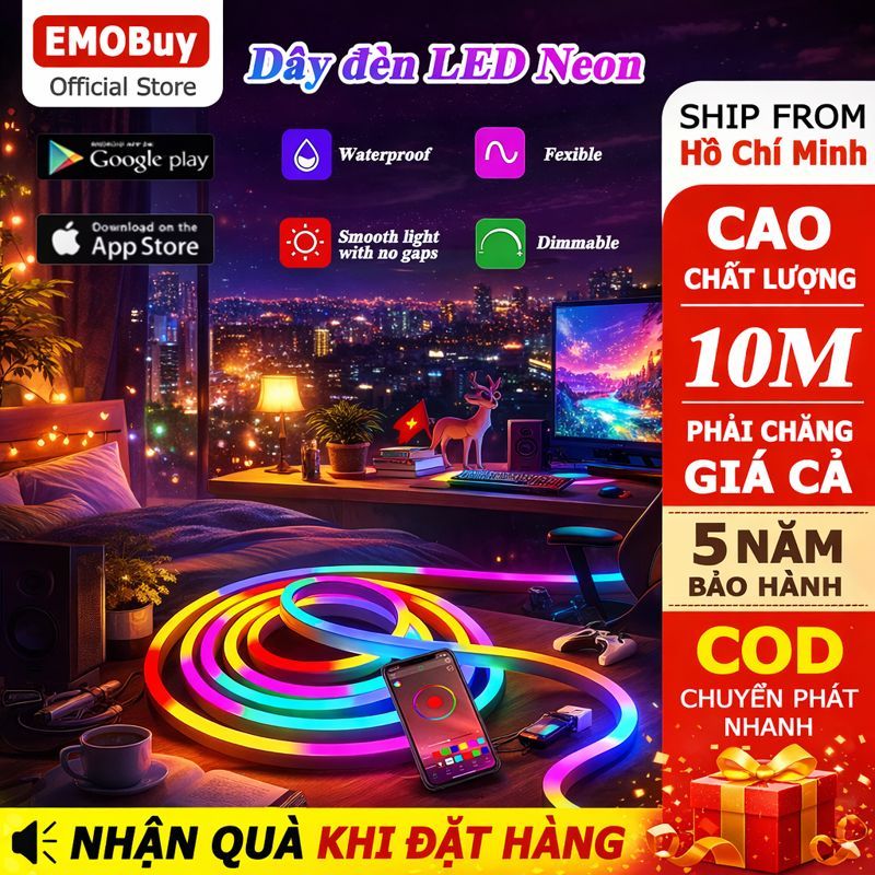 Đèn neon 10M 5V ARGB , Đèn NEON FLEX , Dây đèn led đuổi ARGB,trang trí tường phòng ngủ, decor phòng 